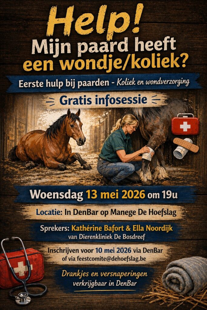 De affiche van de EHBO cursus bij paarden van De Hoefslag die doorgaat op 10 mei 2026