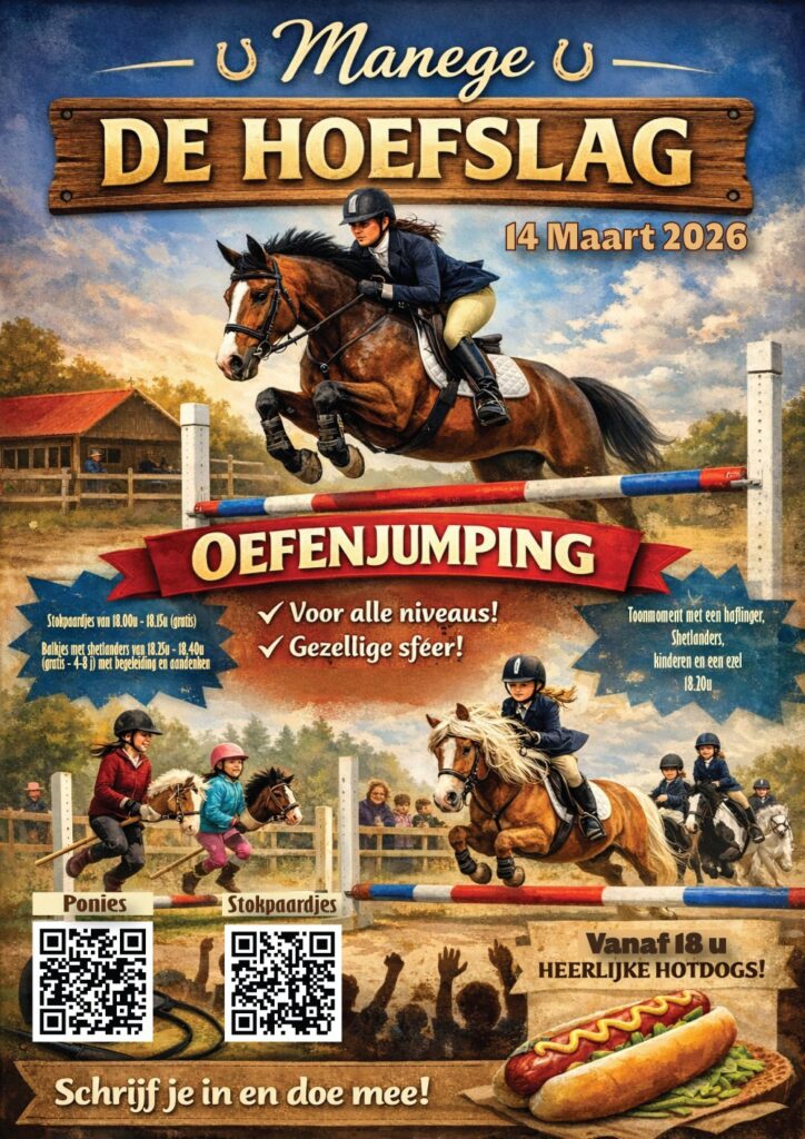 Affiche van de oefenjumping in De Hoefslag die doorgaat op zaterdag 14 maart 2026